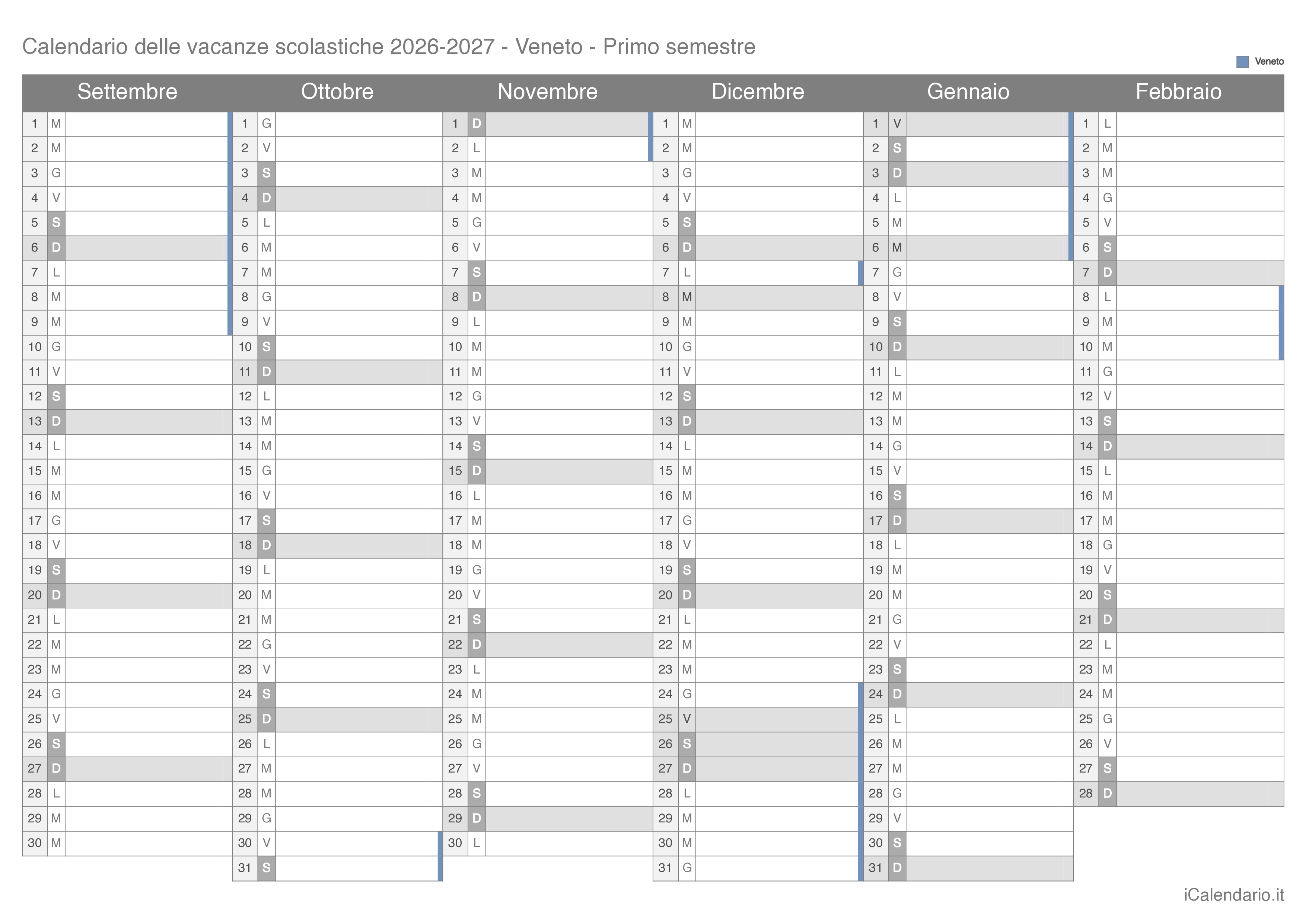 Calendario semestrale delle vacanze scolastiche 2026-2027 Veneto