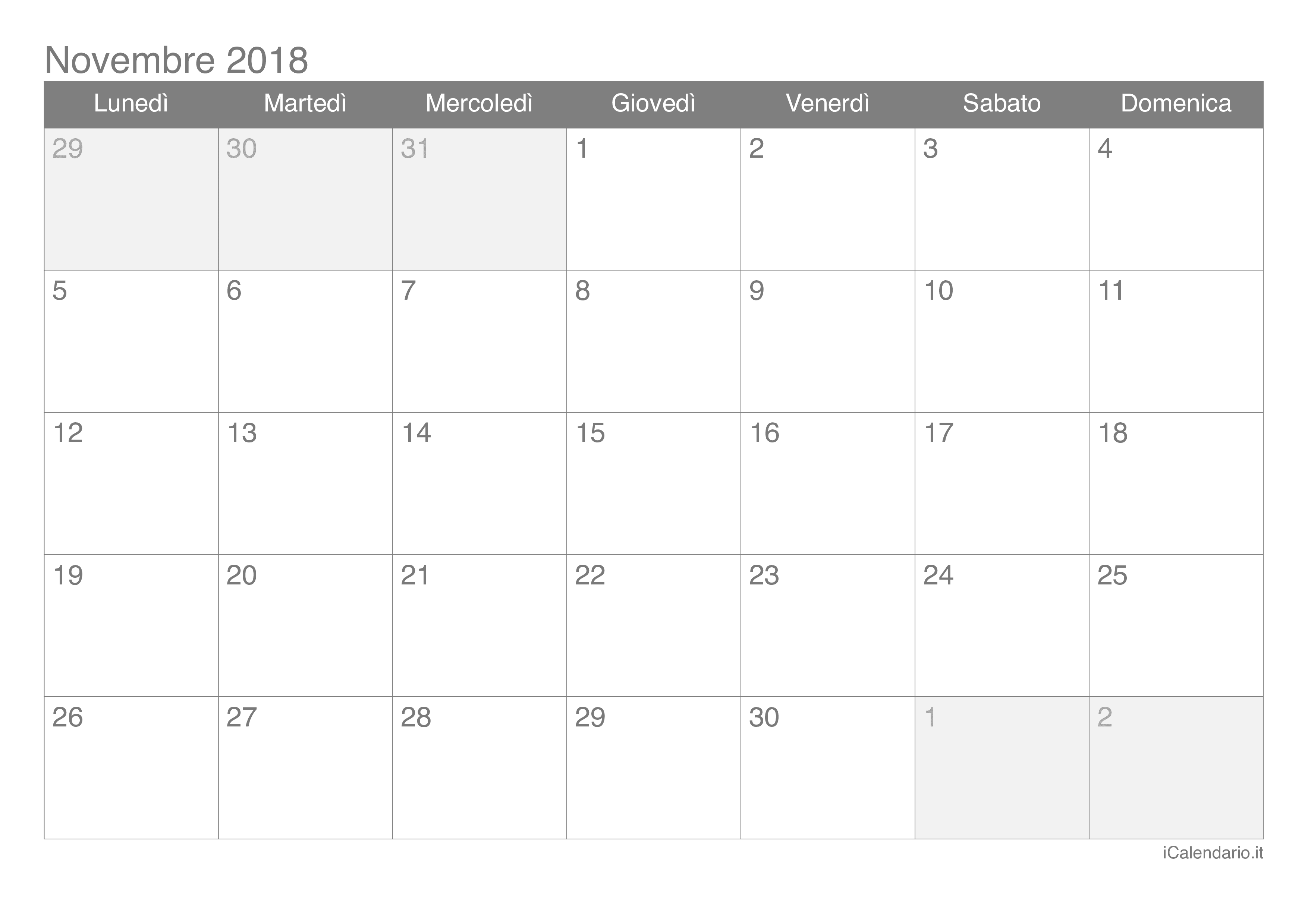 Calendario Novembre 2018 Da Stampare Icalendarioit