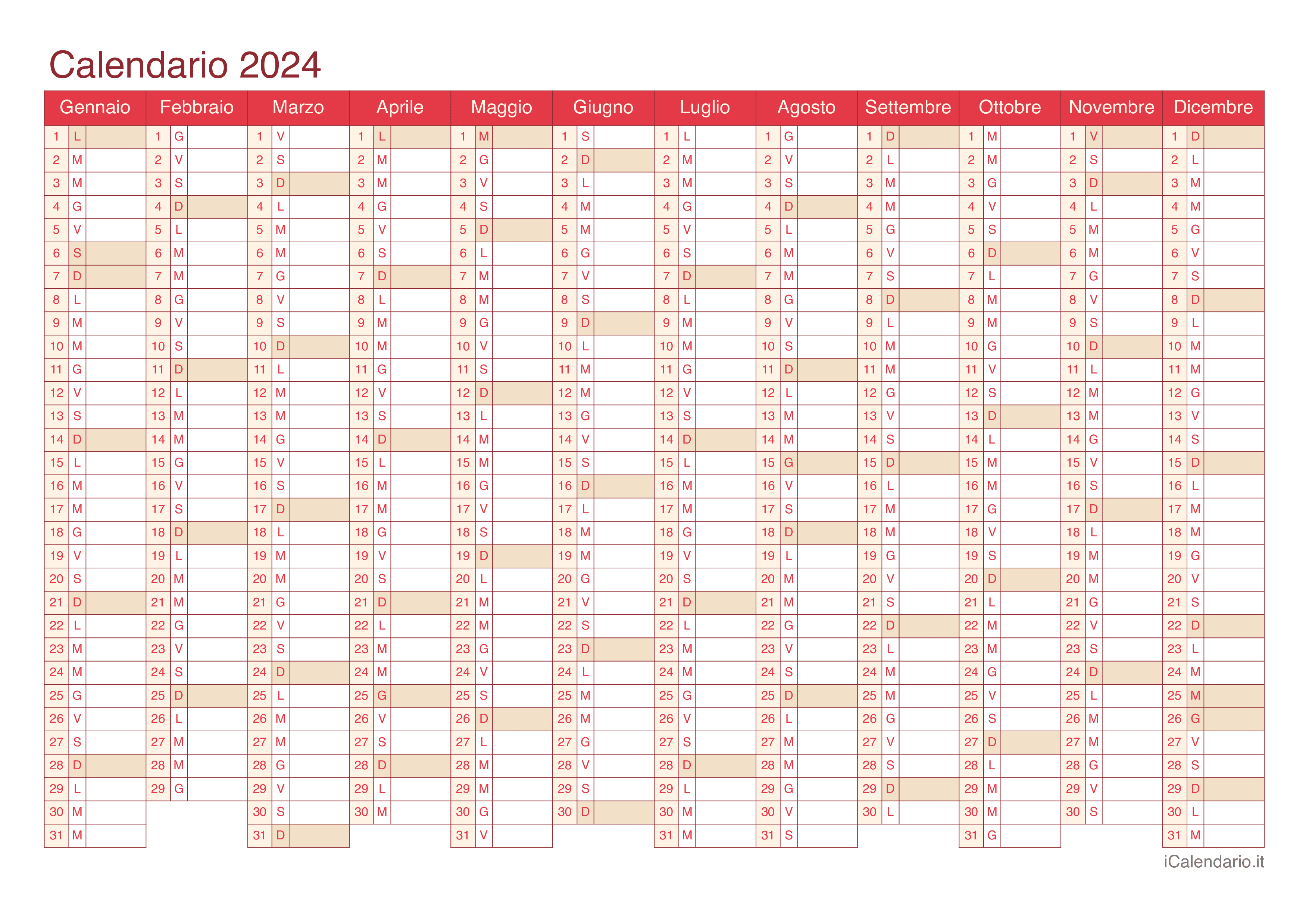 Calendario 2024 da stampare iCalendario.it