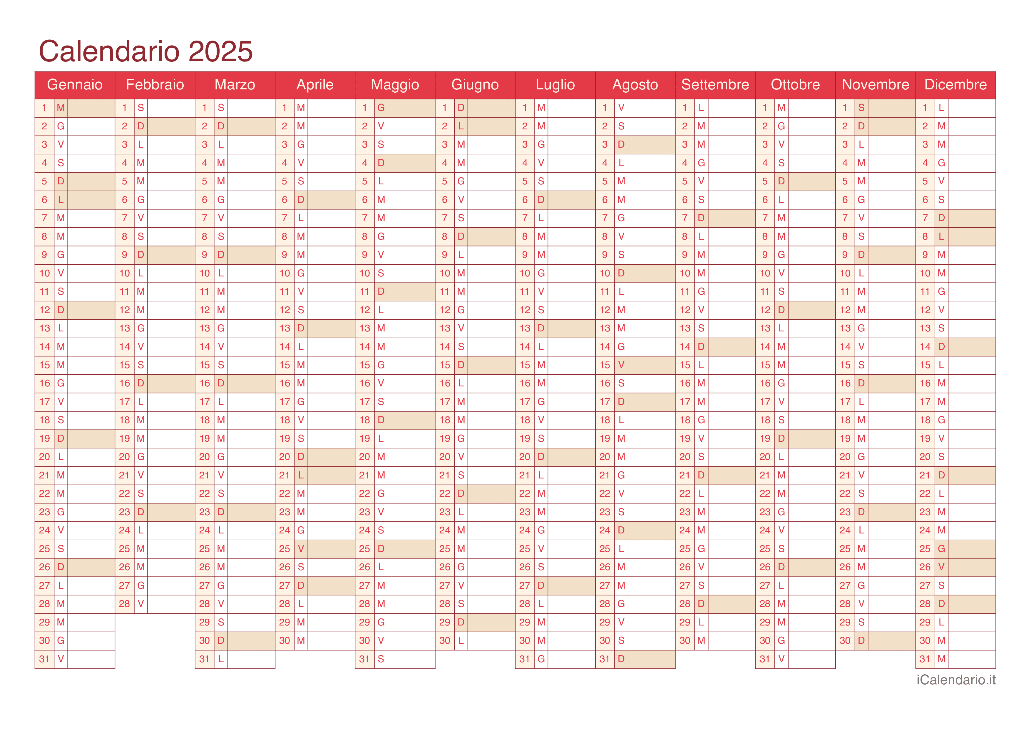 Calendario 2025 da stampare iCalendario.it