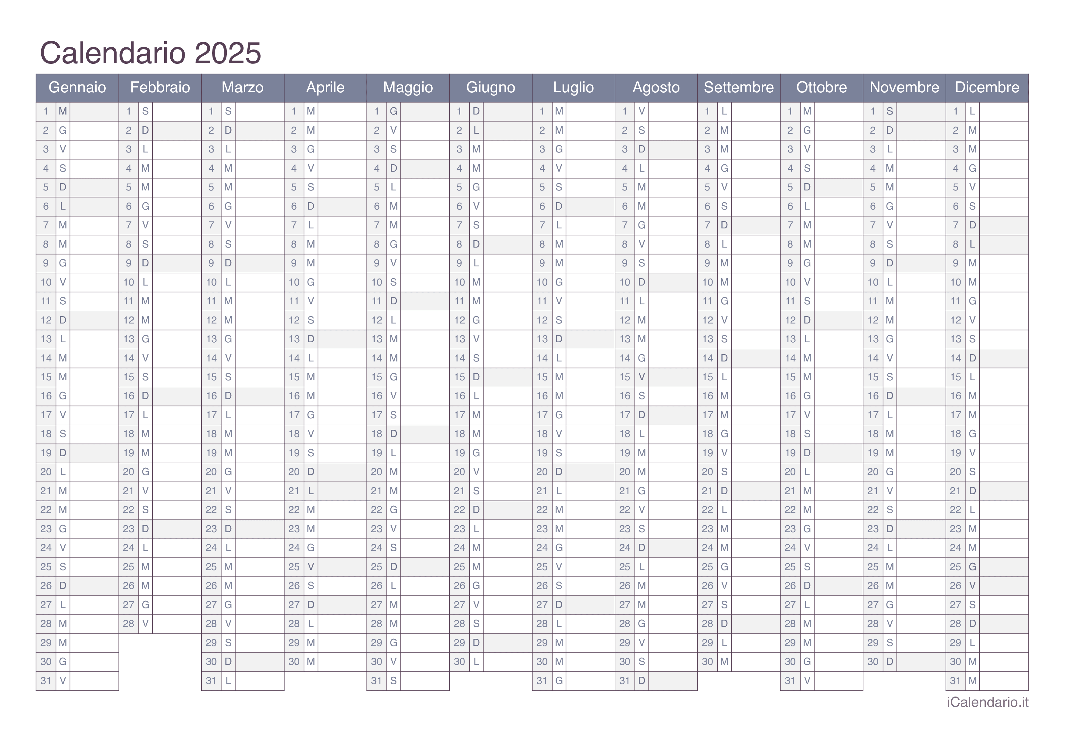 Calendario 2025 da stampare iCalendario.it