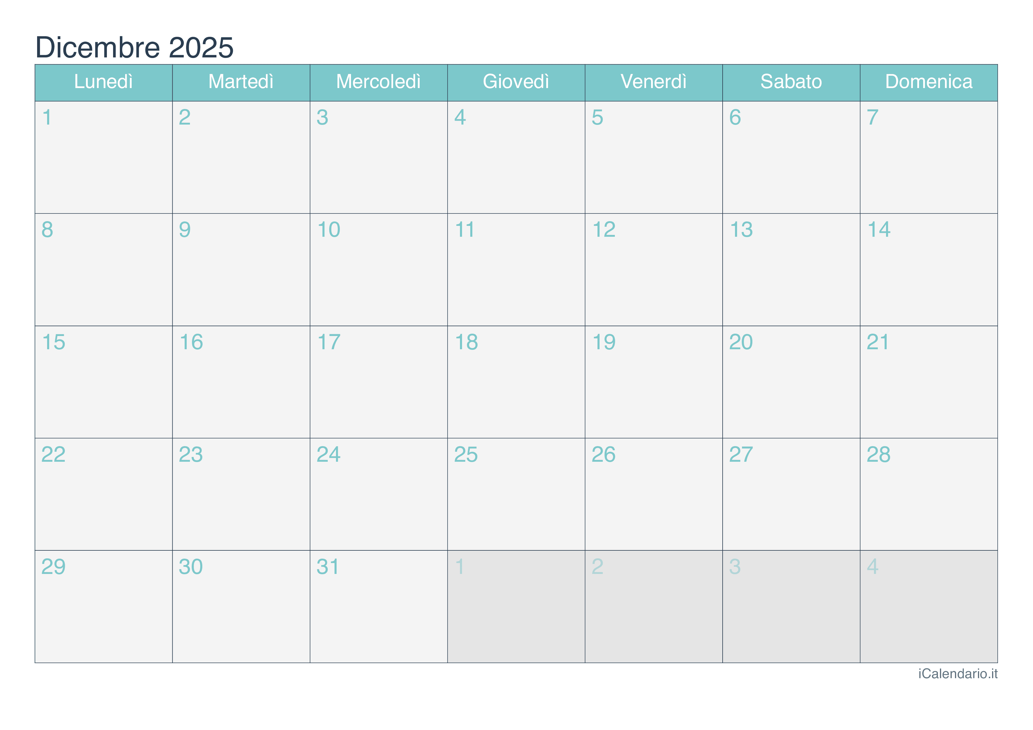 Calendario dicembre 2025 da stampare iCalendario.it