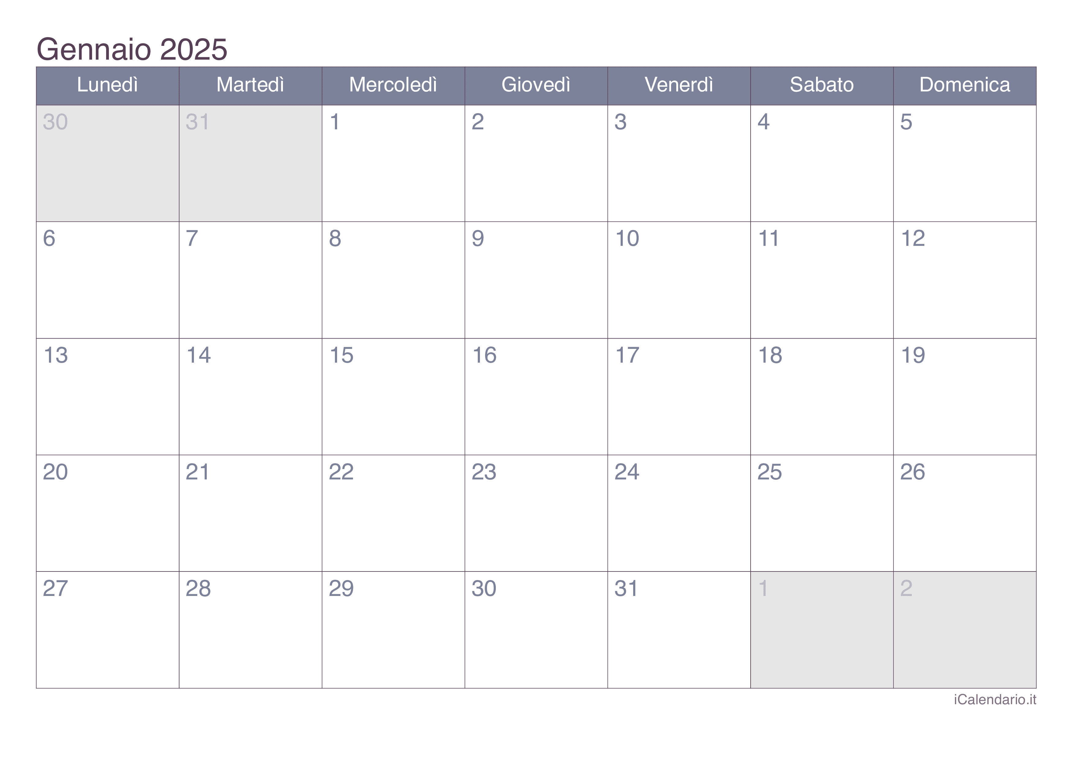 Calendario gennaio 2025 da stampare iCalendario.it