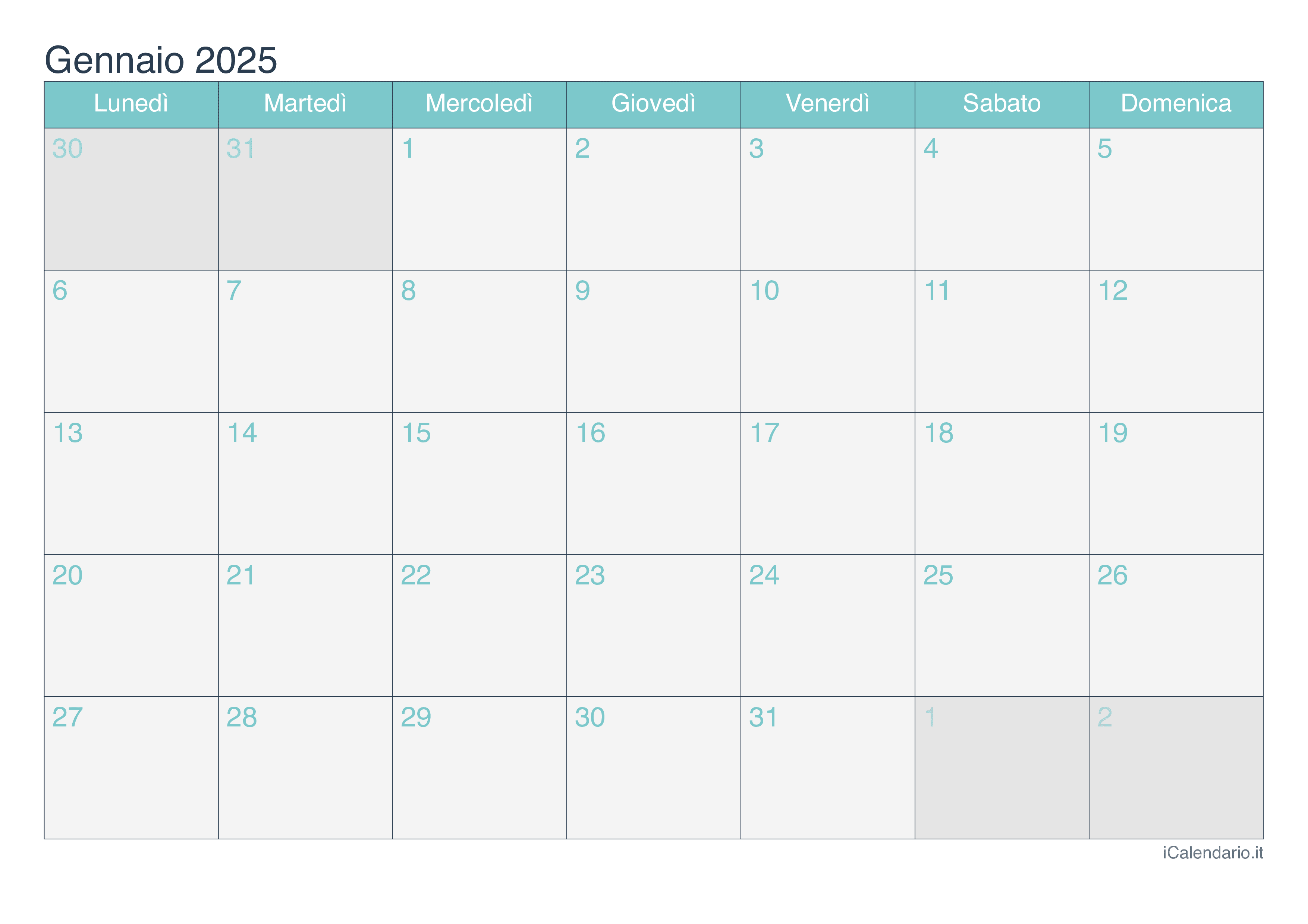 Calendario gennaio 2025 da stampare iCalendario.it