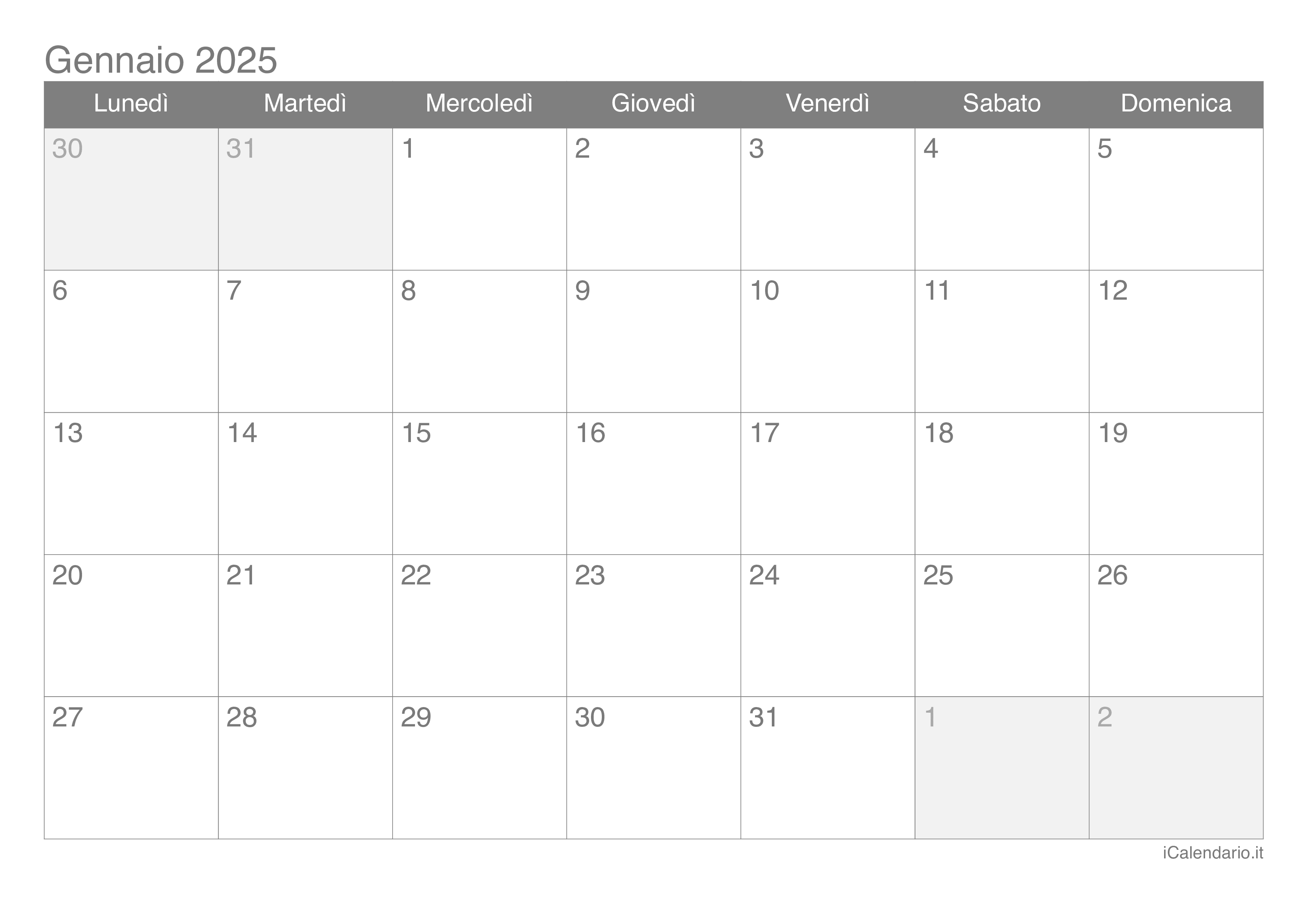 Calendario gennaio 2025 da stampare iCalendario.it