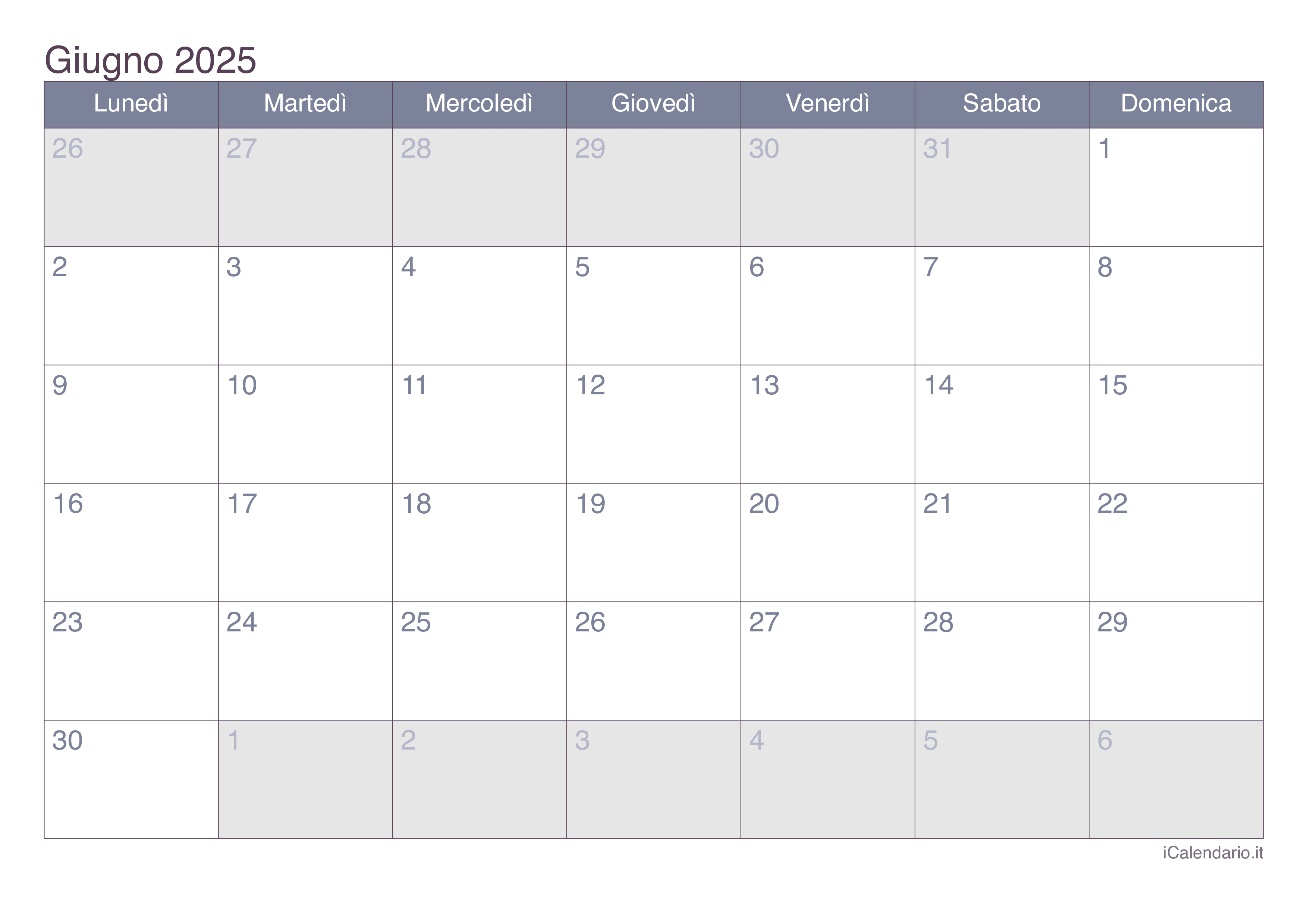 Calendario giugno 2025 da stampare iCalendario.it