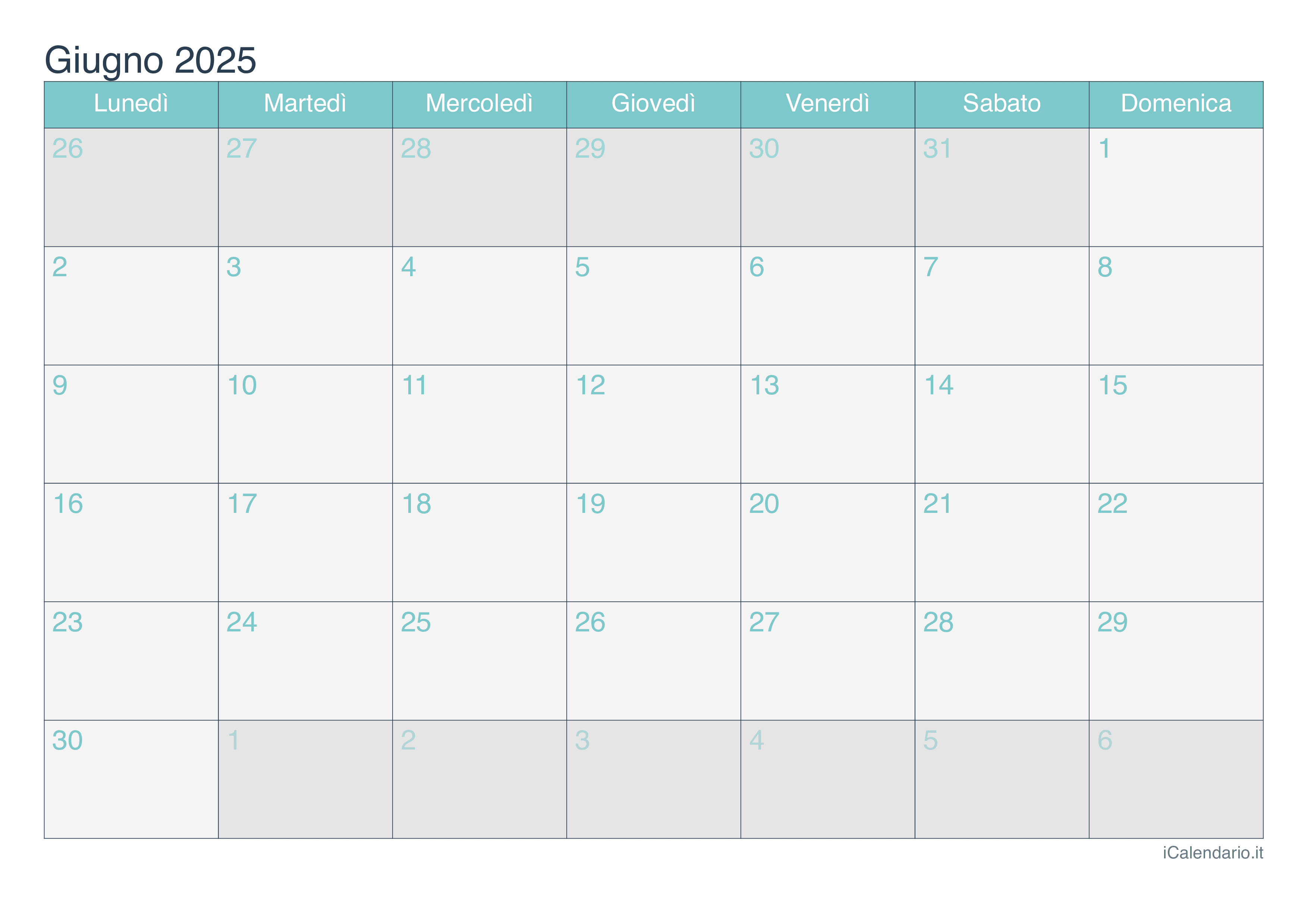 Calendario giugno 2025 da stampare iCalendario.it