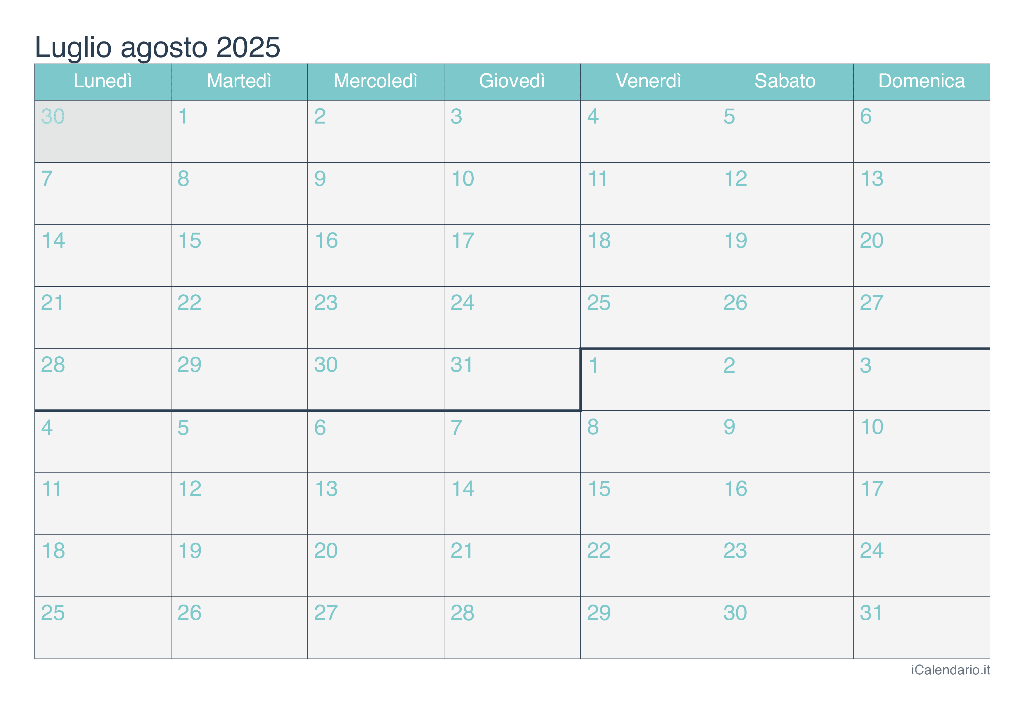 Calendario luglio agosto 2025 da stampare iCalendario.it