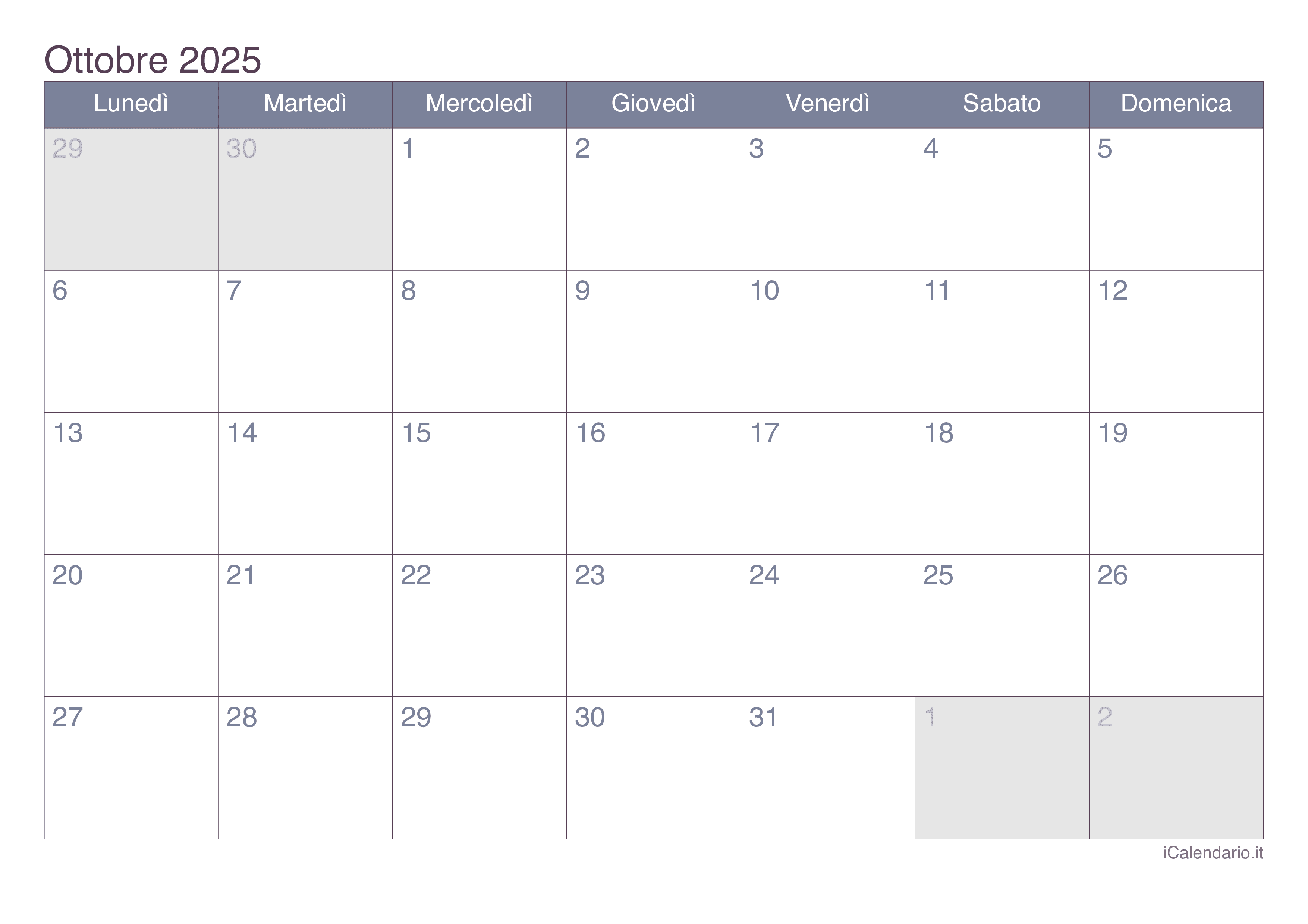 Calendario ottobre 2025 da stampare iCalendario.it