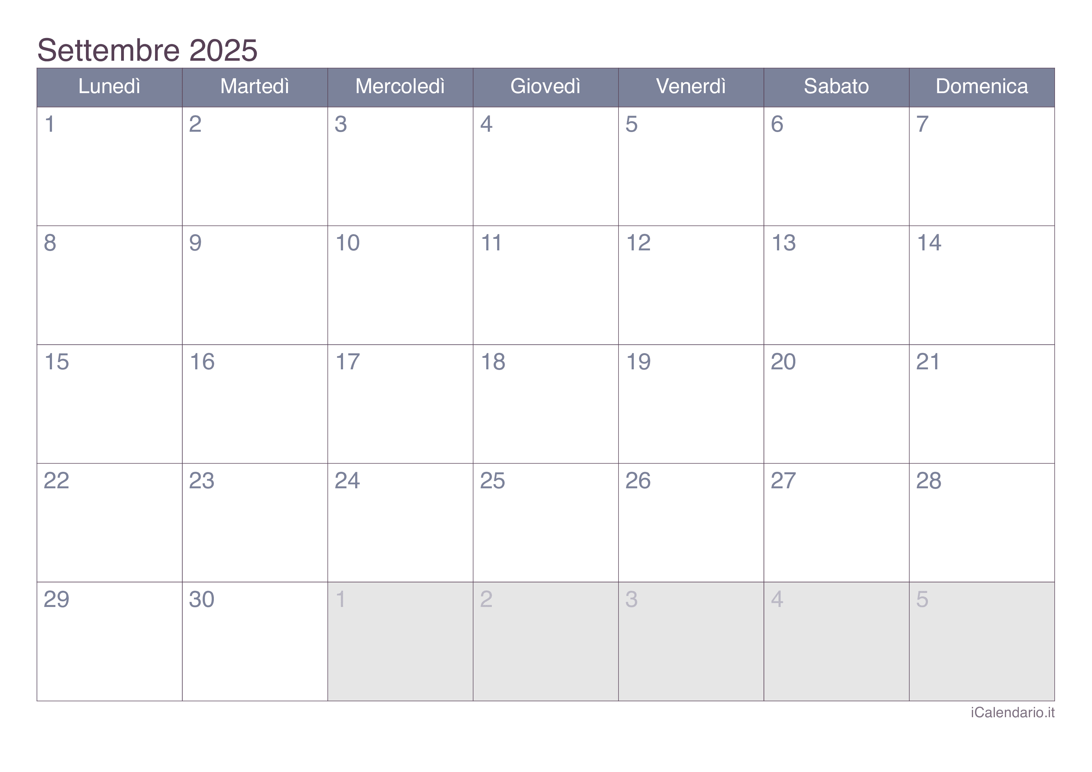 Calendario settembre 2025 da stampare iCalendario.it