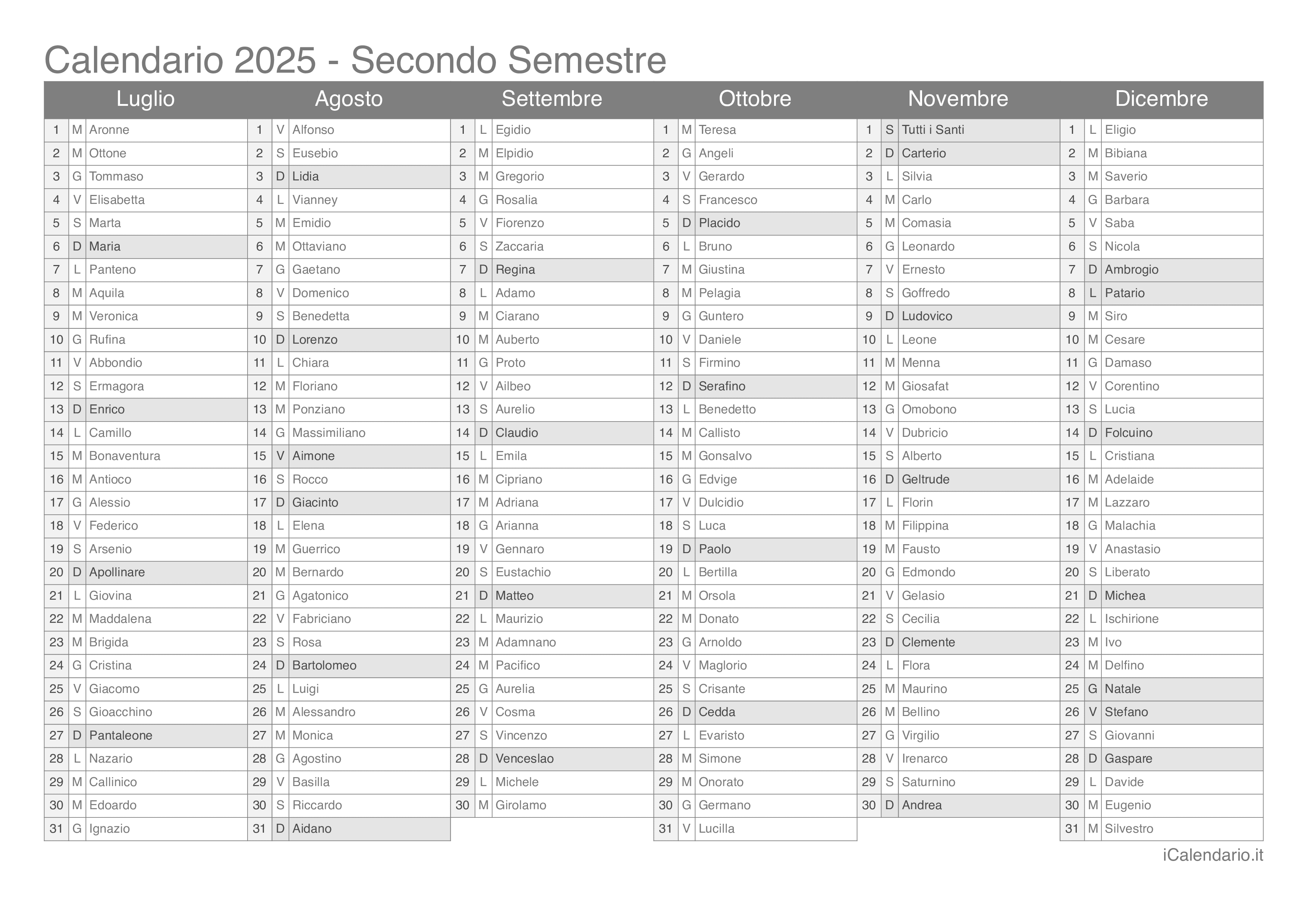 Calendario 2025 da stampare iCalendario.it